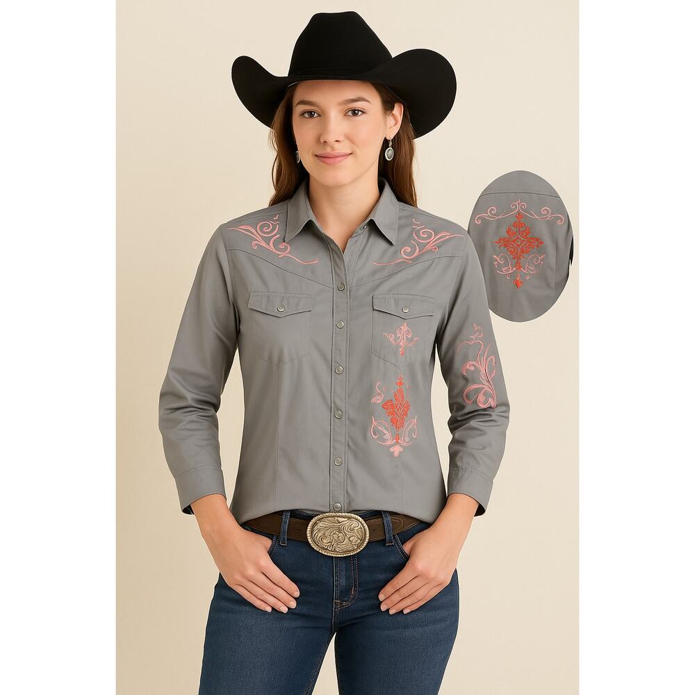 Rock Western Snap Button Shirt Gray Pink Embroidered Size L Long Sleeve